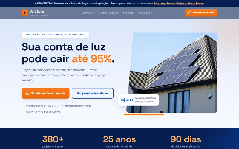 Demonstração de site vibrante para energia solar